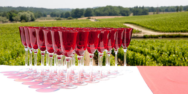 Verres à coktail de couleur rouge posés sur une table face à des vignes Bordelaise